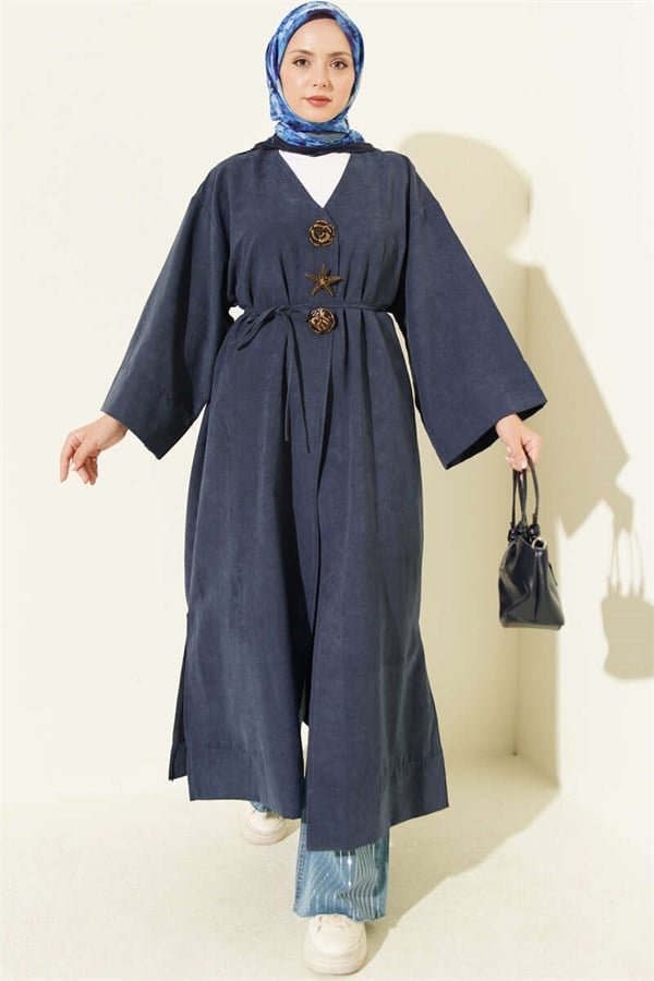 Navy Blue Coat with Brooch Detail and Drawstring
