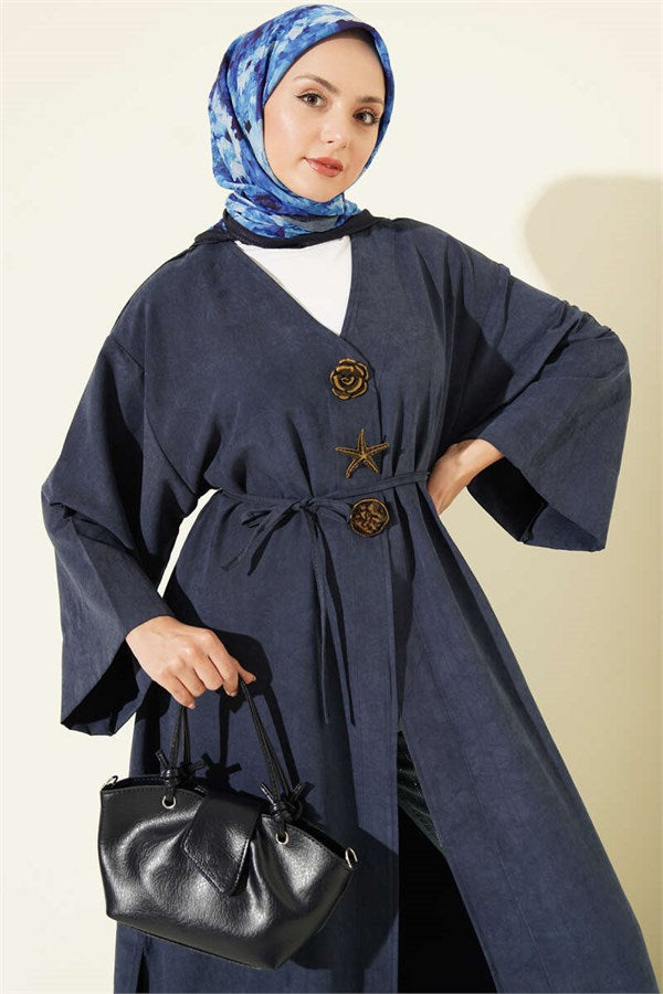 Navy Blue Coat with Brooch Detail and Drawstring