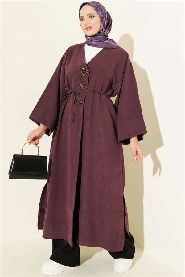 Brooch Detailed Drawstring Cap, Plum