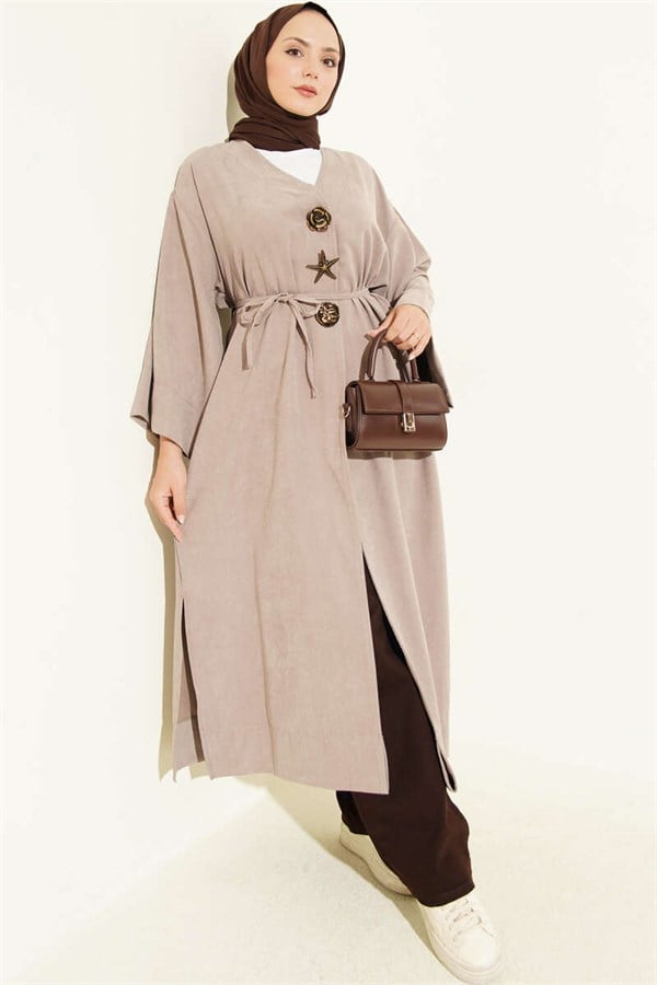 Brooch Detailed Drawstring Coat, Mink