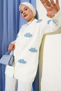 Cloud Patterned Buttoned Knit Cardigan in Ecru
