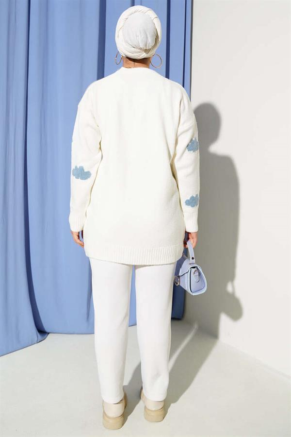 Cloud Patterned Buttoned Knit Cardigan in Ecru