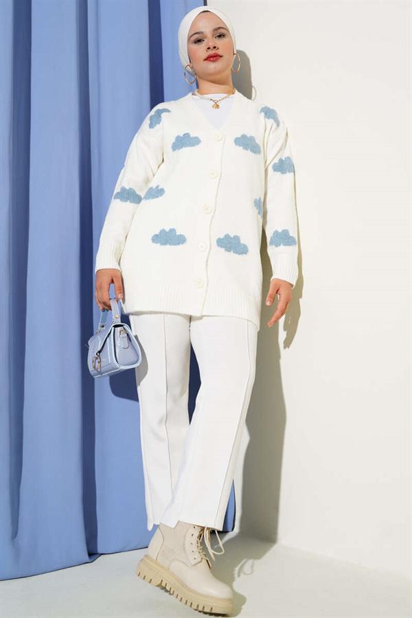 Cloud Patterned Buttoned Knit Cardigan in Ecru