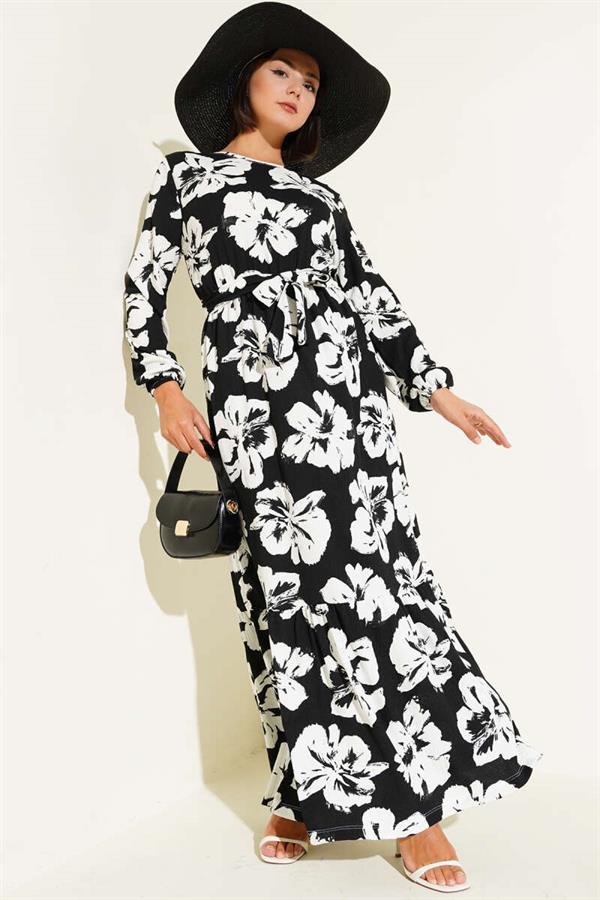 Crepe Floral Belted Dress Black