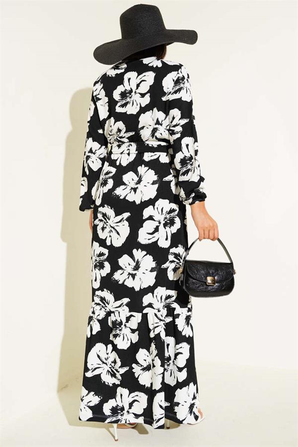 Crepe Floral Belted Dress Black