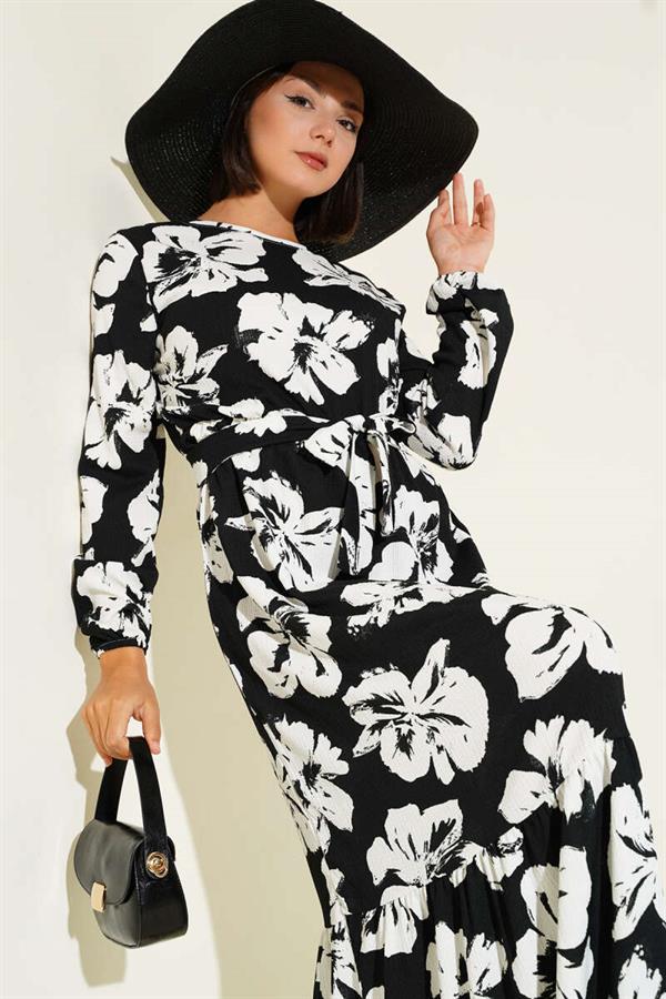 Crepe Floral Belted Dress Black