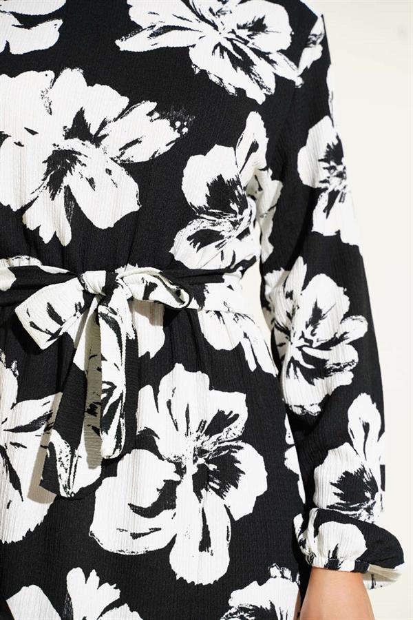 Crepe Floral Belted Dress Black