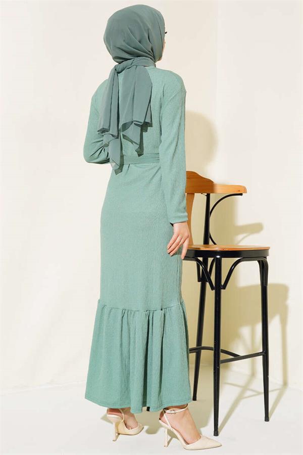 Crepe Belted Layered Dress Almond Green