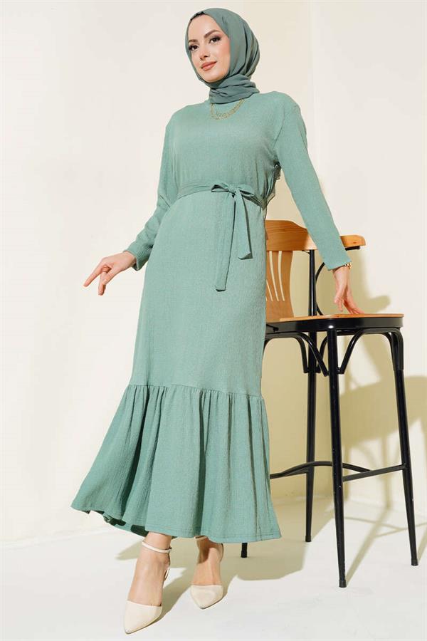 Crepe Belted Layered Dress Almond Green