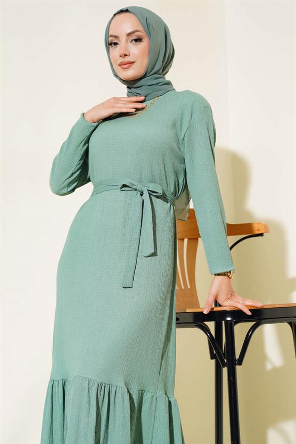 Crepe Belted Layered Dress Almond Green