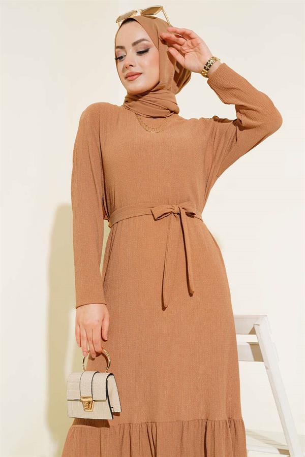 Pleated Belted Layered Dress Camel