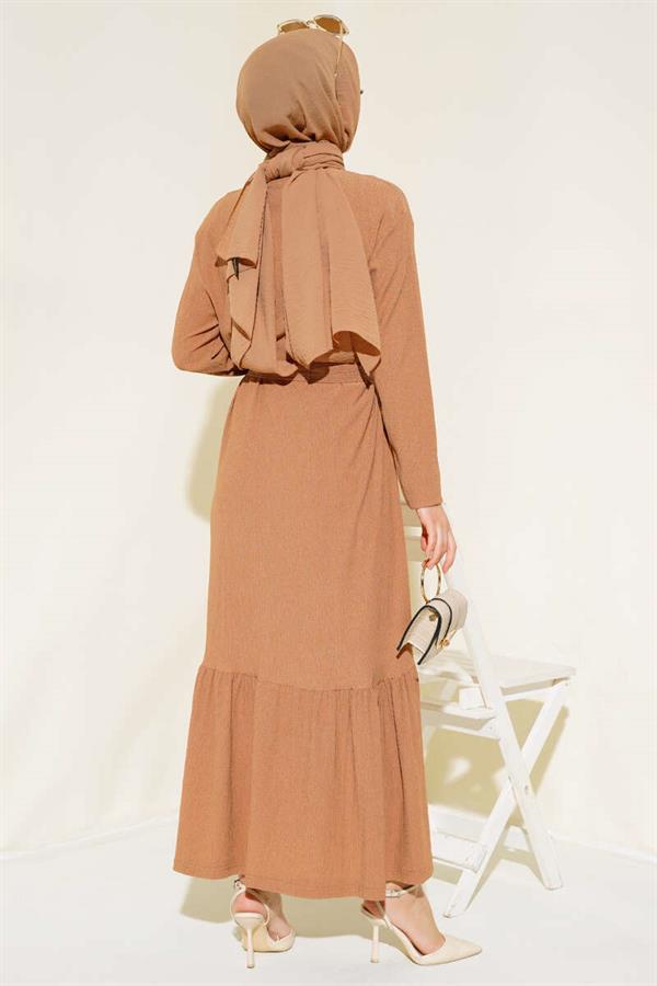 Pleated Belted Layered Dress Camel