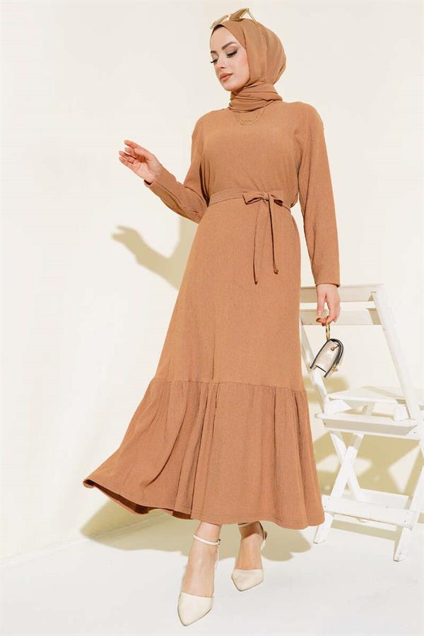 Pleated Belted Layered Dress Camel