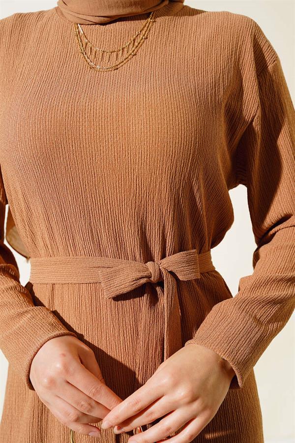 Pleated Belted Layered Dress Camel