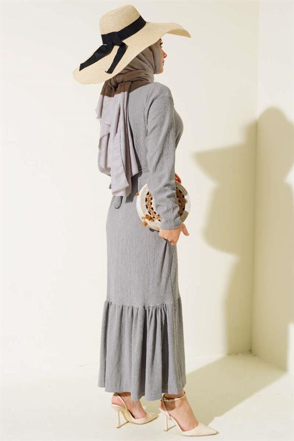 Crepe Belted Layered Dress Gray