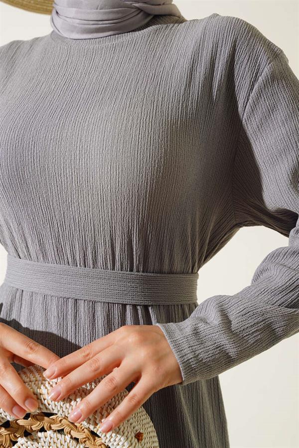 Crepe Belted Layered Dress Gray
