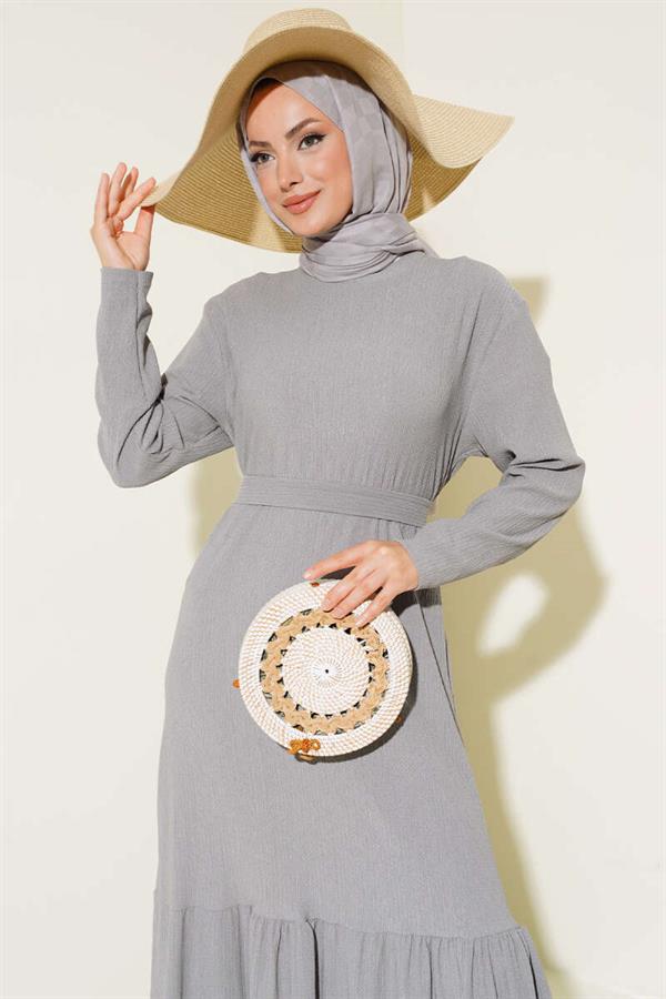 Crepe Belted Layered Dress Gray