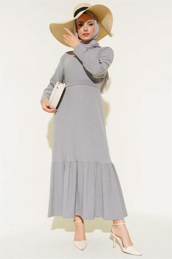 Crepe Belted Layered Dress Gray