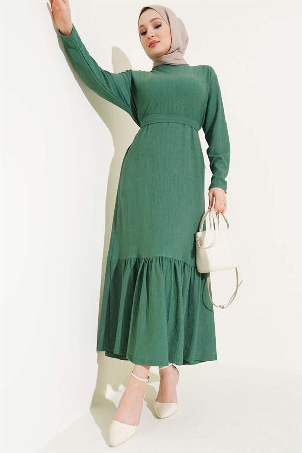 Pleated Belted Layered Dress Green