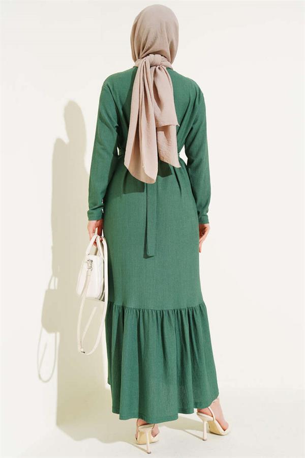 Pleated Belted Layered Dress Green