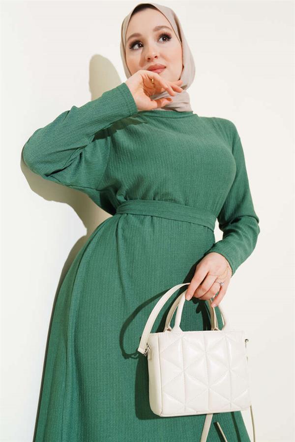 Pleated Belted Layered Dress Green