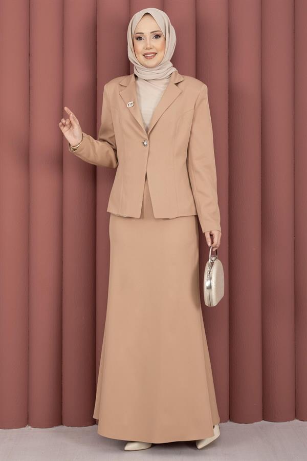 Business Blazer Jacket and Skirt 2 Piece Set, Camel
