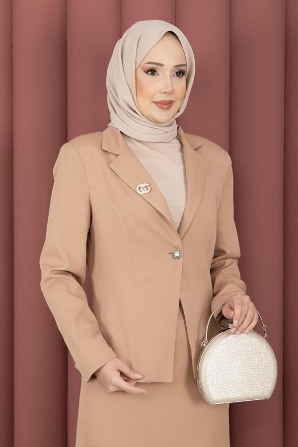 Business Blazer Jacket and Skirt 2 Piece Set, Camel