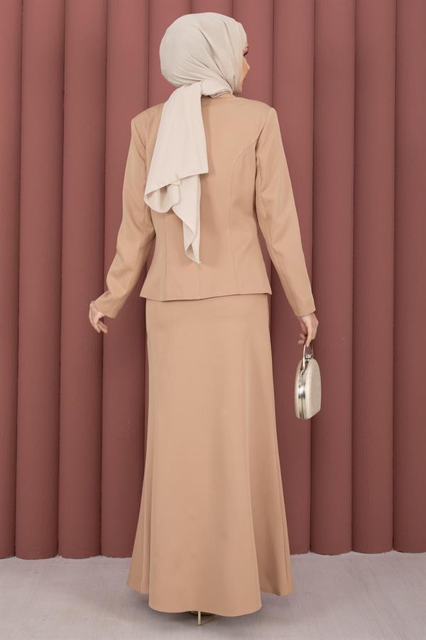 Business Blazer Jacket and Skirt 2 Piece Set, Camel