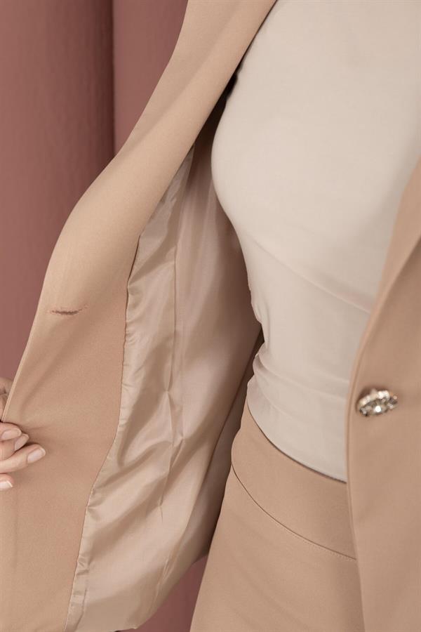 Business Blazer Jacket and Skirt 2 Piece Set, Camel