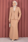 Business Blazer Jacket and Skirt 2 Piece Set, Camel