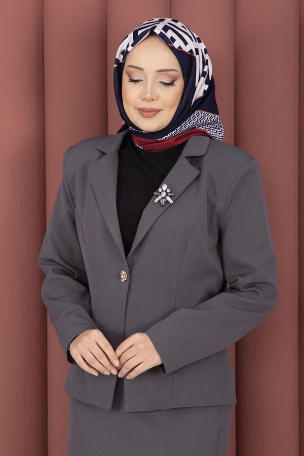 Business Blazer Jacket and Skirt 2 Piece Set, Grey