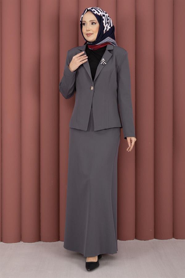 Business Blazer Jacket and Skirt 2 Piece Set, Grey