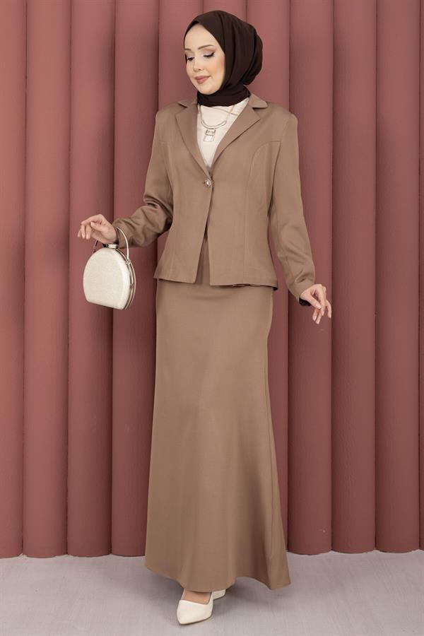 Business Blazer Jacket and Skirt 2 Piece Set in Coffee