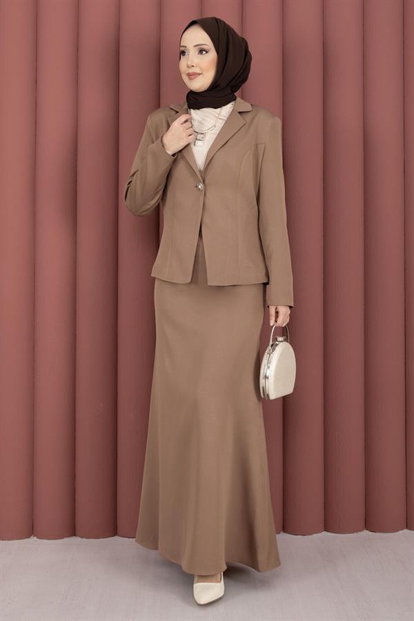 Business Blazer Jacket and Skirt 2 Piece Set in Coffee
