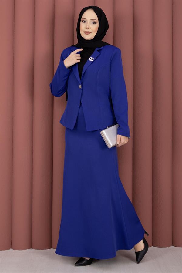 Business Blazer Jacket and Skirt 2 Piece Set (Navy Blue)