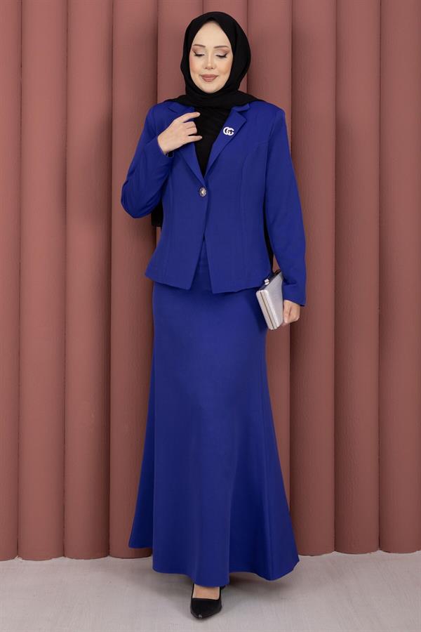 Business Blazer Jacket and Skirt 2 Piece Set (Navy Blue)