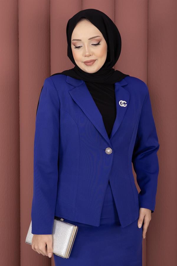 Business Blazer Jacket and Skirt 2 Piece Set (Navy Blue)