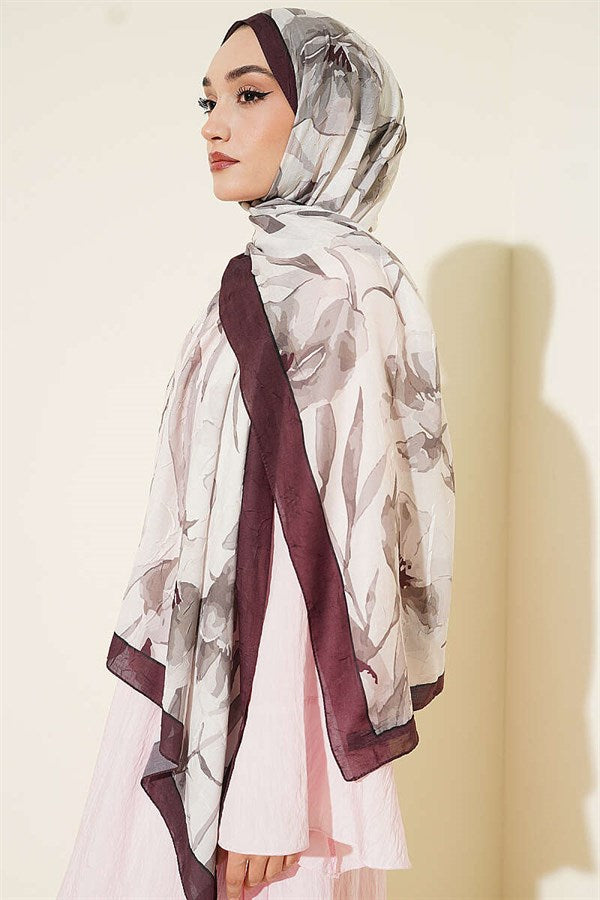 Large Floral Pattern Bamboo Crush Shawl Dark Brown