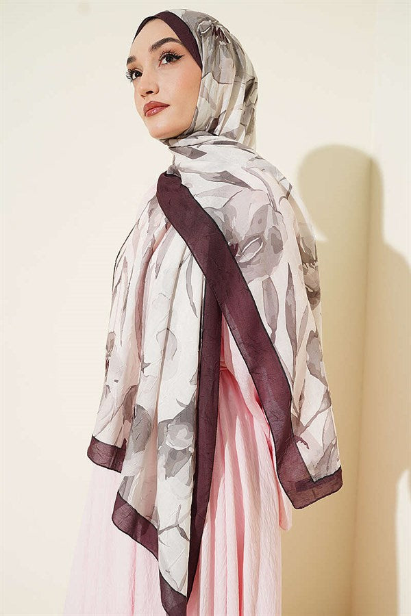 Large Floral Pattern Bamboo Crush Shawl Dark Brown