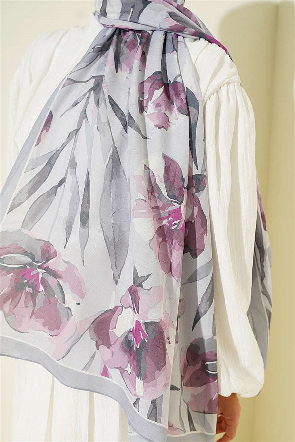 Large Floral Pattern Bamboo Crush Shawl Grey