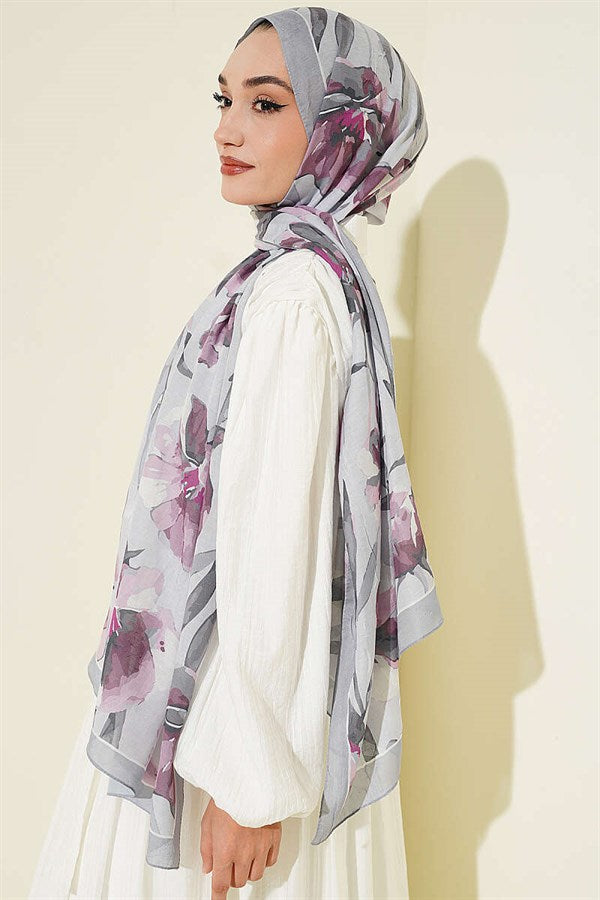 Large Floral Pattern Bamboo Crush Shawl Grey