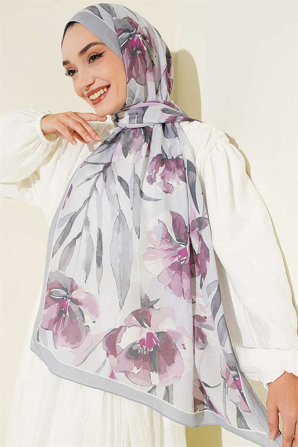 Large Floral Pattern Bamboo Crush Shawl Grey