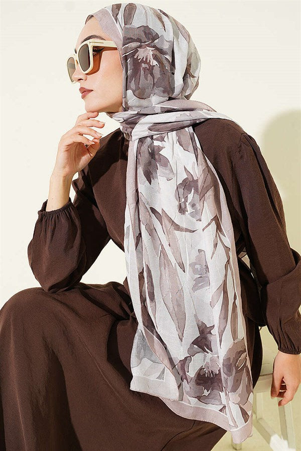 Large Floral Pattern Bamboo Crush Shawl Sand Beige