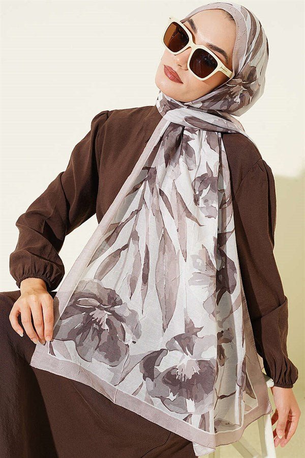 Large Floral Pattern Bamboo Crush Shawl Sand Beige