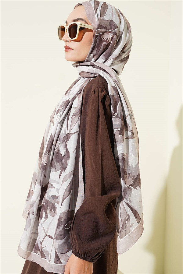 Large Floral Pattern Bamboo Crush Shawl Sand Beige