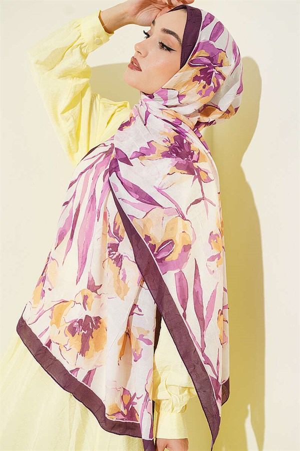 Large Floral Pattern Bamboo Crash Shawl, Plum