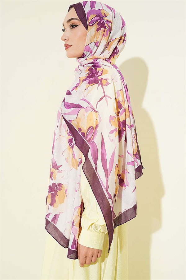 Large Floral Pattern Bamboo Crash Shawl, Plum