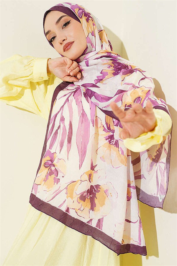 Large Floral Pattern Bamboo Crash Shawl, Plum