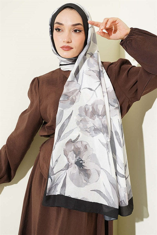 Large Floral Pattern Bamboo Crush Scarf Black