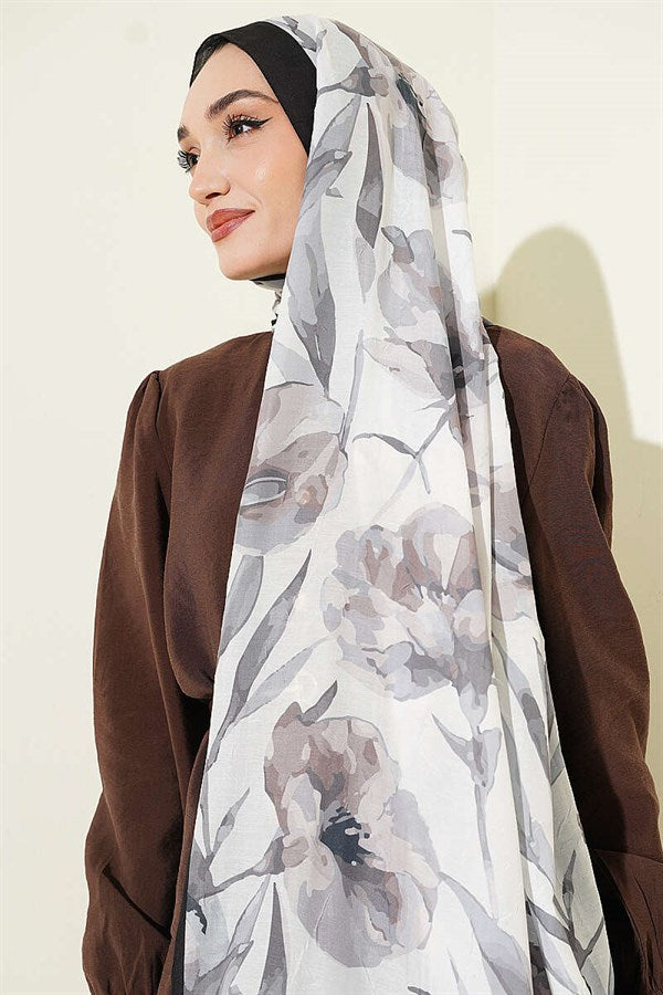 Large Floral Pattern Bamboo Crush Scarf Black